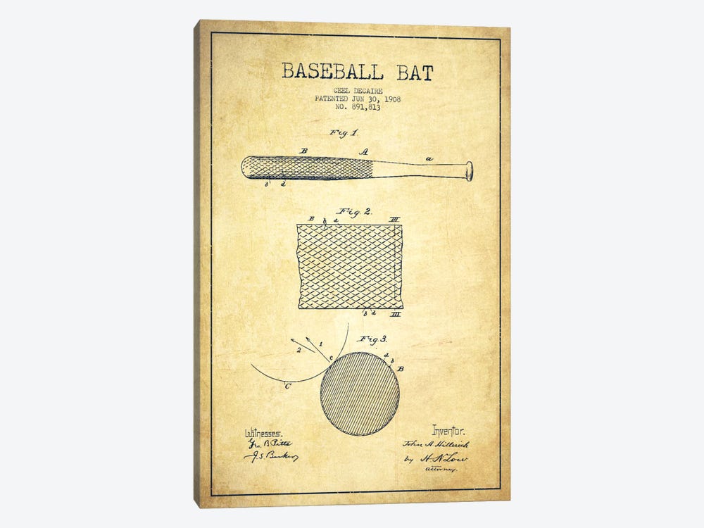 Baseball Bat Vintage Patent Blueprint by Aged Pixel 1-piece Canvas Print