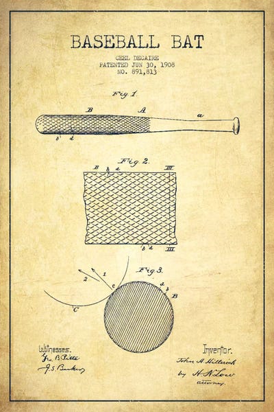 Baseball: Baseball Bat Vintage Patent VIII Blueprint by Aged Pixel