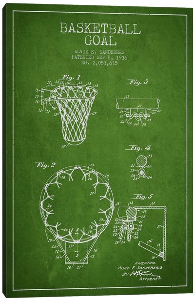Basketball Goal Green Patent Blueprint Canvas Art Print - Basketball Art