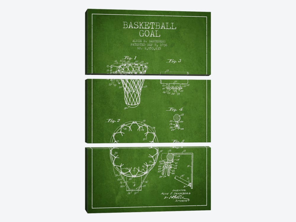 Basketball Goal Green Patent Blueprint by Aged Pixel 3-piece Canvas Print