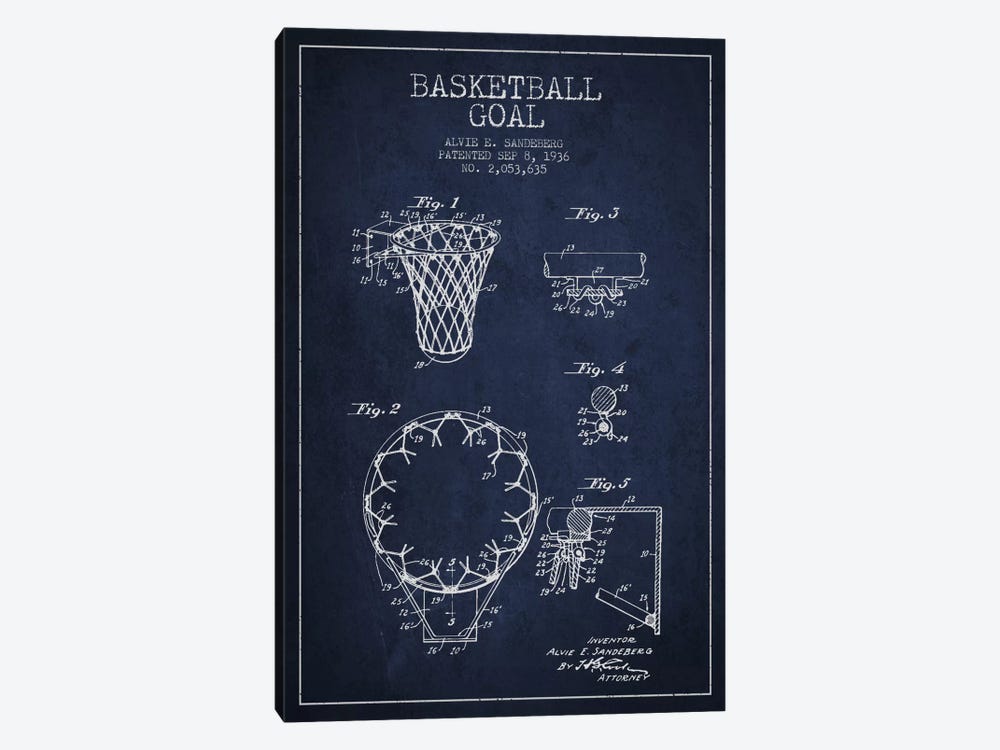 Basketball Goal Navy Blue Patent Blueprint by Aged Pixel 1-piece Canvas Wall Art