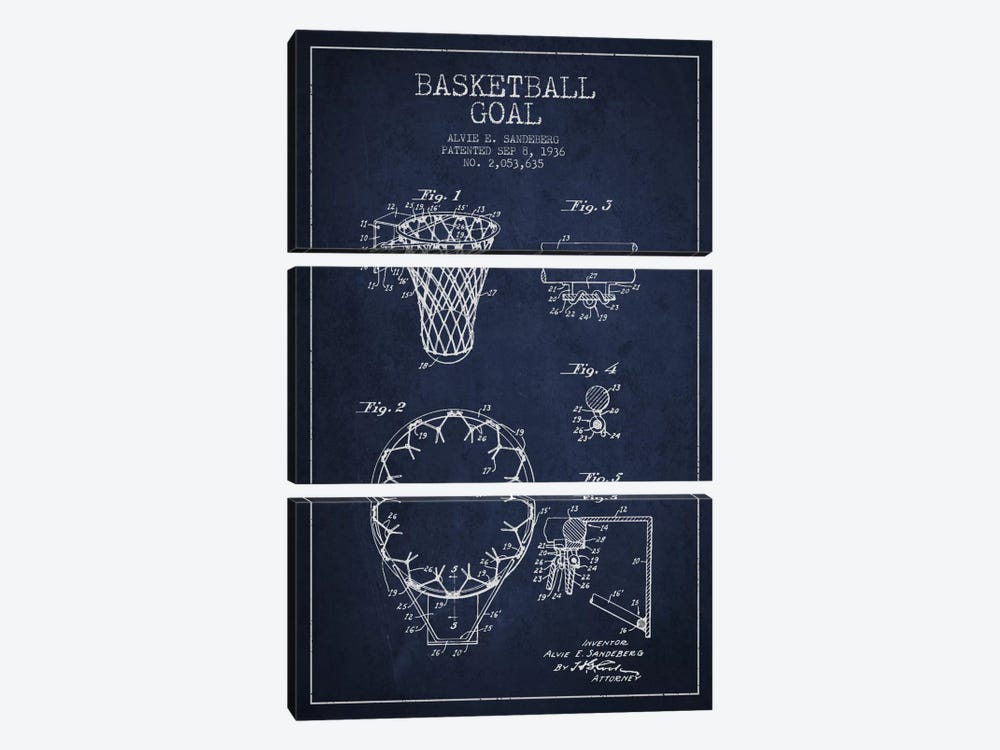 Basketball Goal Navy Blue Patent Blueprint by Aged Pixel 3-piece Canvas Wall Art