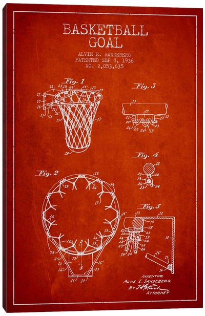 Basketball Goal Red Patent Blueprint Canvas Art Print - Sports Blueprints
