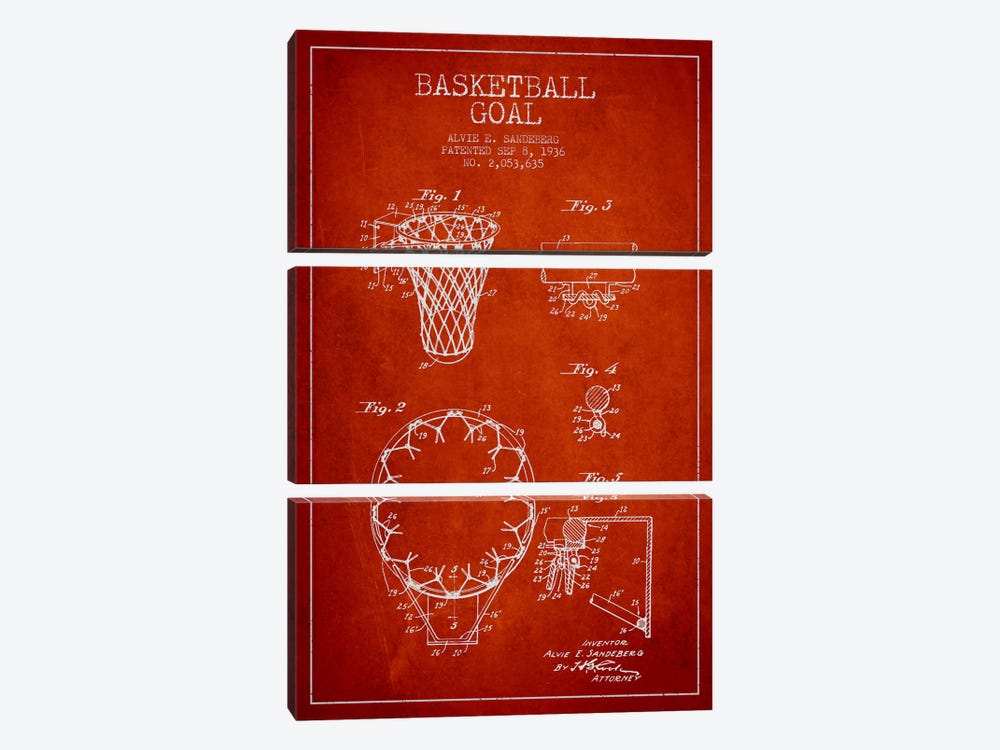 Basketball Goal Red Patent Blueprint by Aged Pixel 3-piece Canvas Art Print