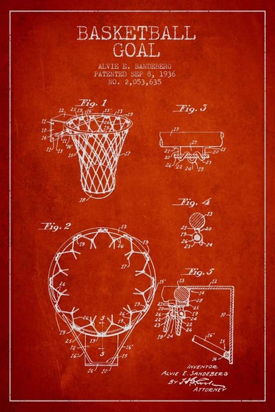 Sports Blueprints: Basketball Goal Red I Patent Blueprint by Aged Pixel
