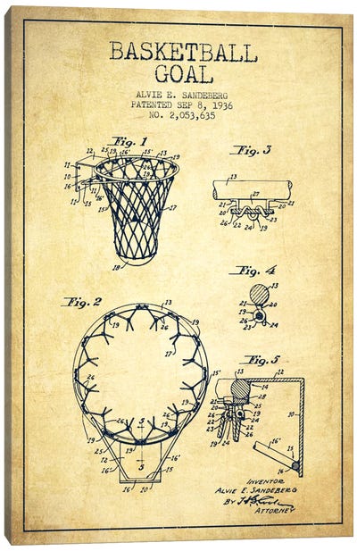 Basketball Goal Vintage Patent Blueprint Canvas Art Print - Basketball Art