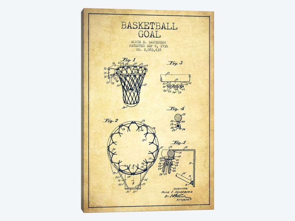 Basketball Goal Vintage Patent Blueprint by Aged Pixel 1-piece Canvas Art