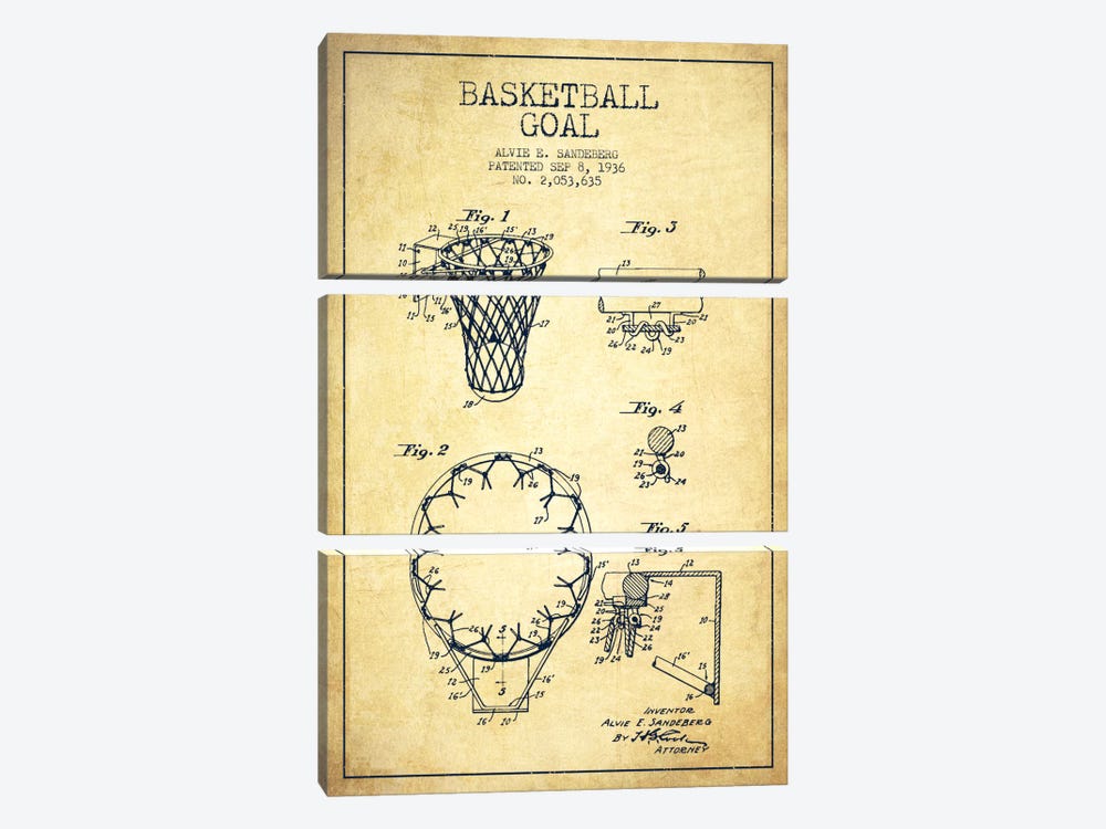 Basketball Goal Vintage Patent Blueprint by Aged Pixel 3-piece Canvas Wall Art
