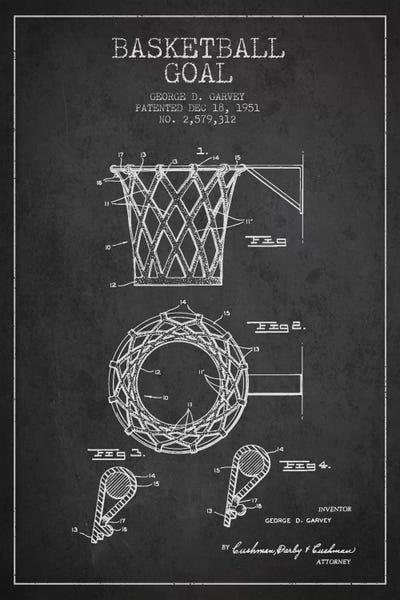 Kids Sports Art: Basketball Goal Charcoal II Patent Blueprint by Aged Pixel