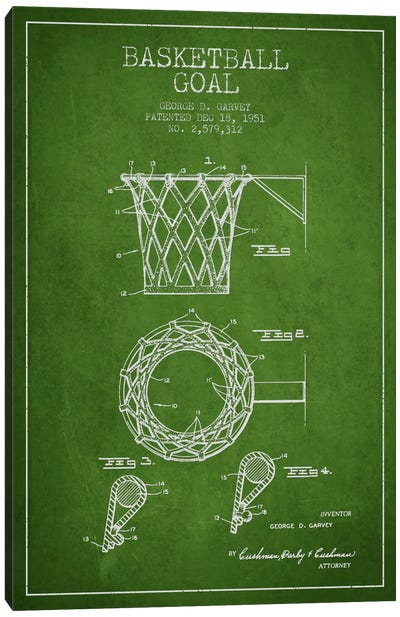 Basketball Goal Green Patent Blueprint Canvas Art Print - Sports Blueprints