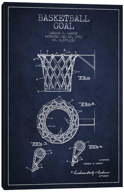 Basketball Goal Navy Blue Patent Blueprint Canvas Art Print - Aged Pixel