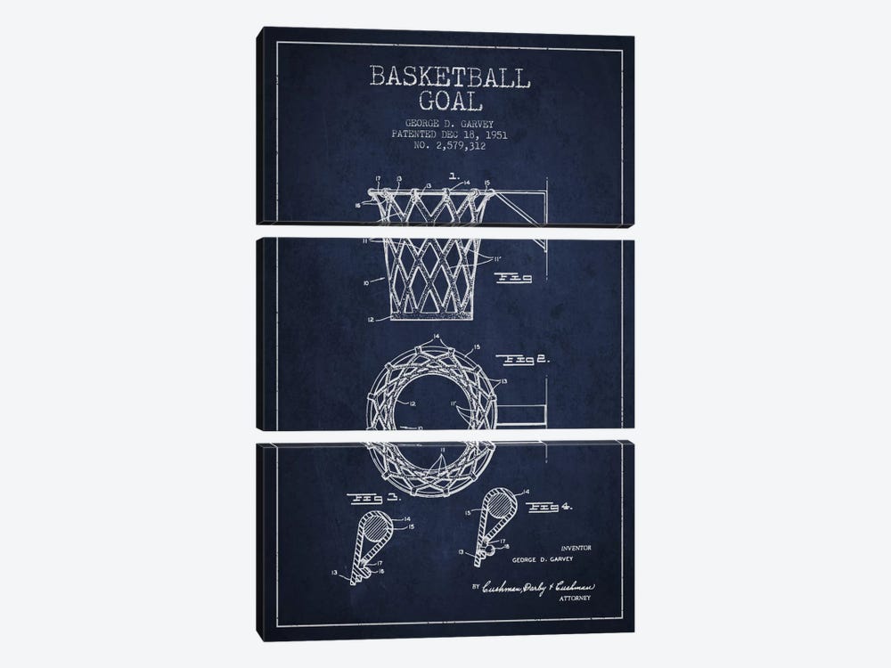Basketball Goal Navy Blue Patent Blueprint by Aged Pixel 3-piece Canvas Artwork