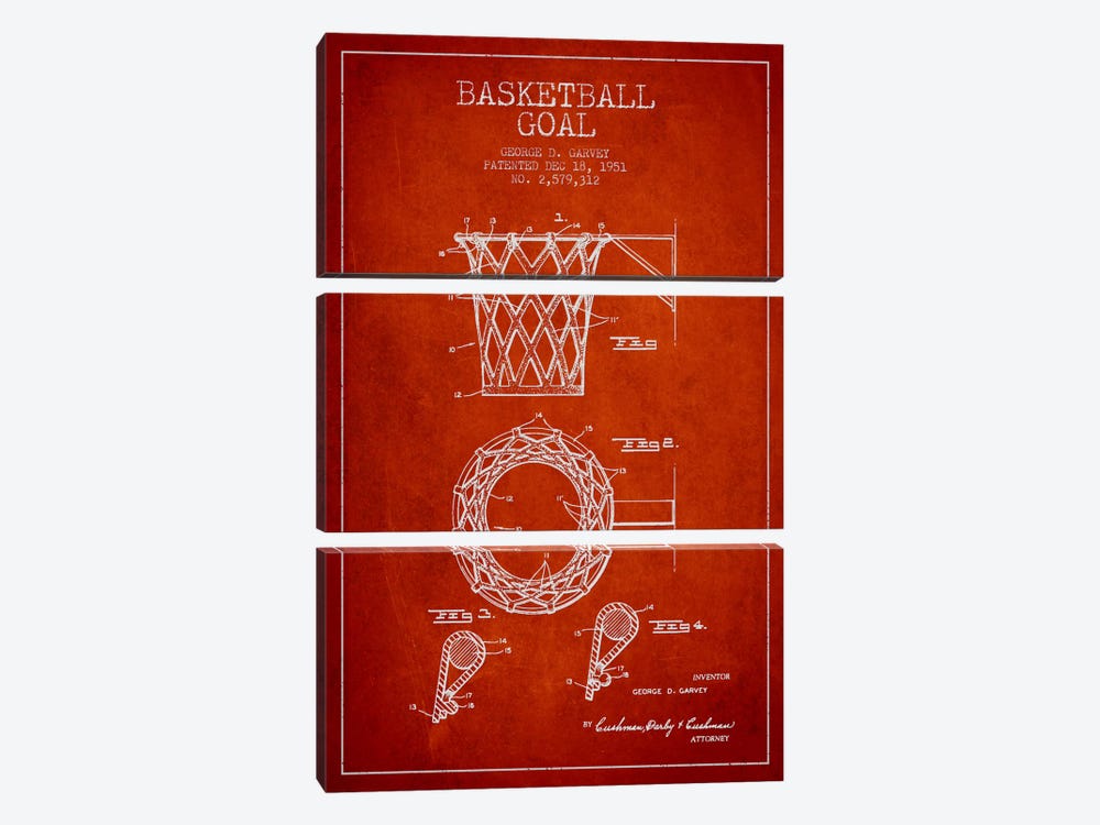 Basketball Goal Red Patent Blueprint by Aged Pixel 3-piece Art Print