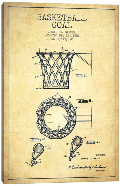 Basketball Goal Vintage Patent Blueprint Canvas Art Print - Aged Pixel: Sports