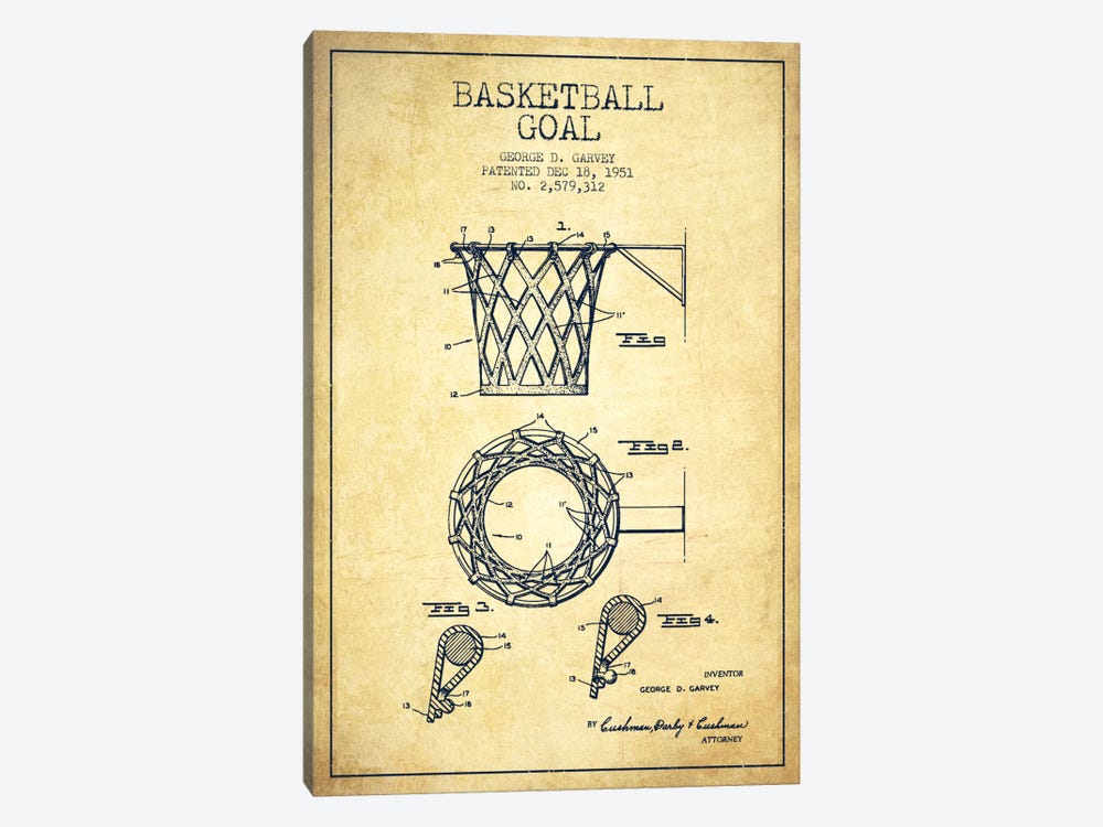 Basketball Goal Vintage Patent Blueprint by Aged Pixel 1-piece Canvas Artwork