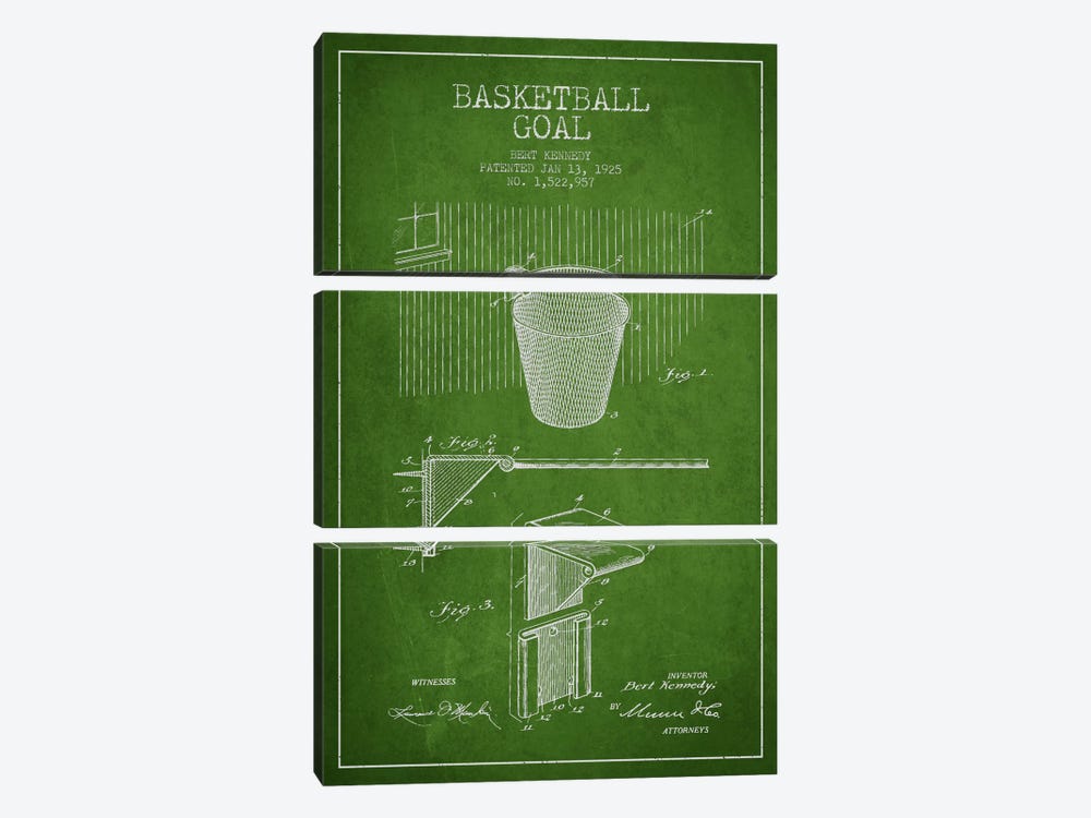 Basketball Goal Green Patent Blueprint by Aged Pixel 3-piece Canvas Wall Art