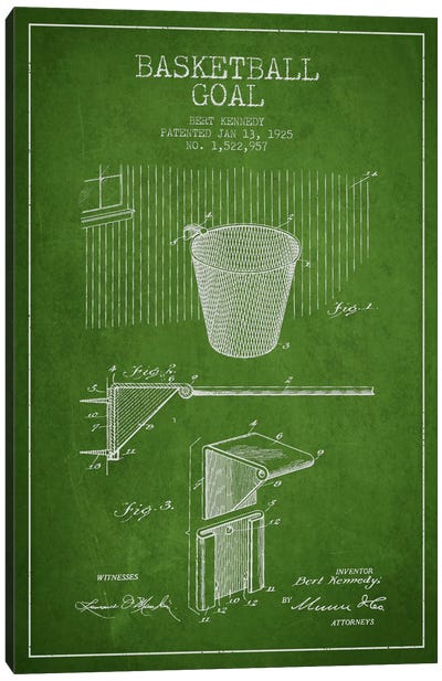 Basketball Goal Green Patent Blueprint Canvas Art Print - Basketball Art