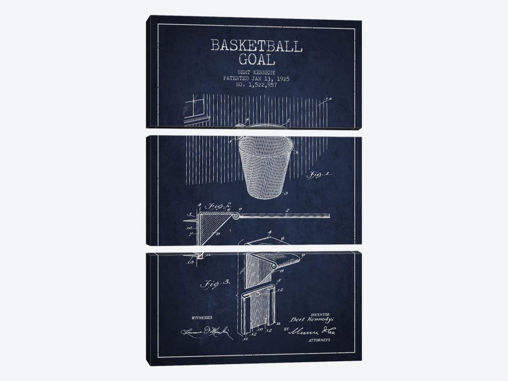 Basketball Goal Navy Blue Patent Blueprint by Aged Pixel 3-piece Canvas Art Print