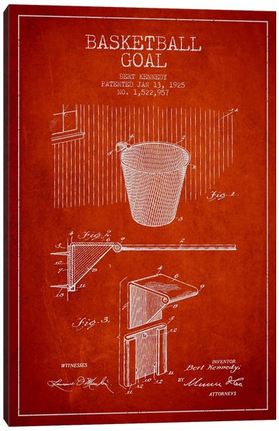 Basketball Goal Red Patent Blueprint Canvas Art Print - Basketball Art