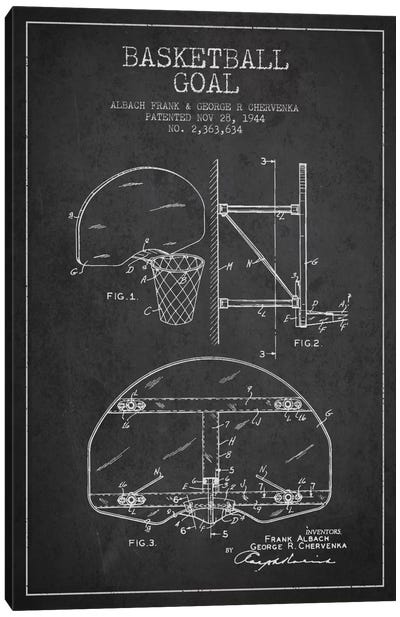 F. Albach & G.R. Chervenka Basketball Goal Patent Blueprint (Charcoal) Canvas Art Print - Aged Pixel: Sports