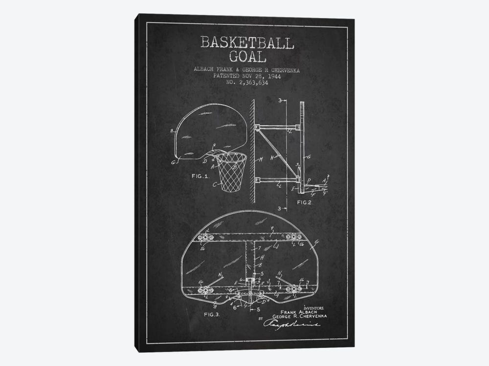 F. Albach & G.R. Chervenka Basketball Goal Patent Blueprint (Charcoal) by Aged Pixel 1-piece Canvas Art Print