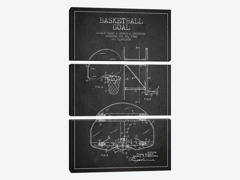 F. Albach & G.R. Chervenka Basketball Goal Patent Blueprint (Charcoal) by Aged Pixel 3-piece Canvas Print