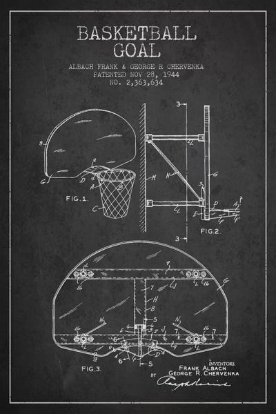 Sports Blueprints: F. Albach & G.R. Chervenka Basketball Goal Patent Blueprint (Charcoal) by Aged Pixel