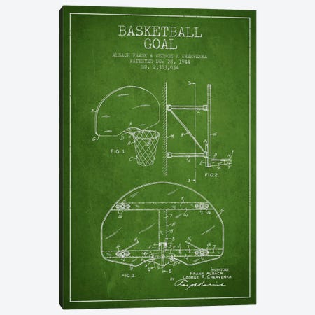 F. Albach & G.R. Chervenka Basketball Goal Patent Blueprint (Green) Canvas Print #ADP2091} by Aged Pixel Canvas Art Print