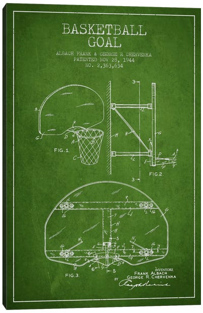 F. Albach & G.R. Chervenka Basketball Goal Patent Blueprint (Green) Canvas Art Print - Basketball Art