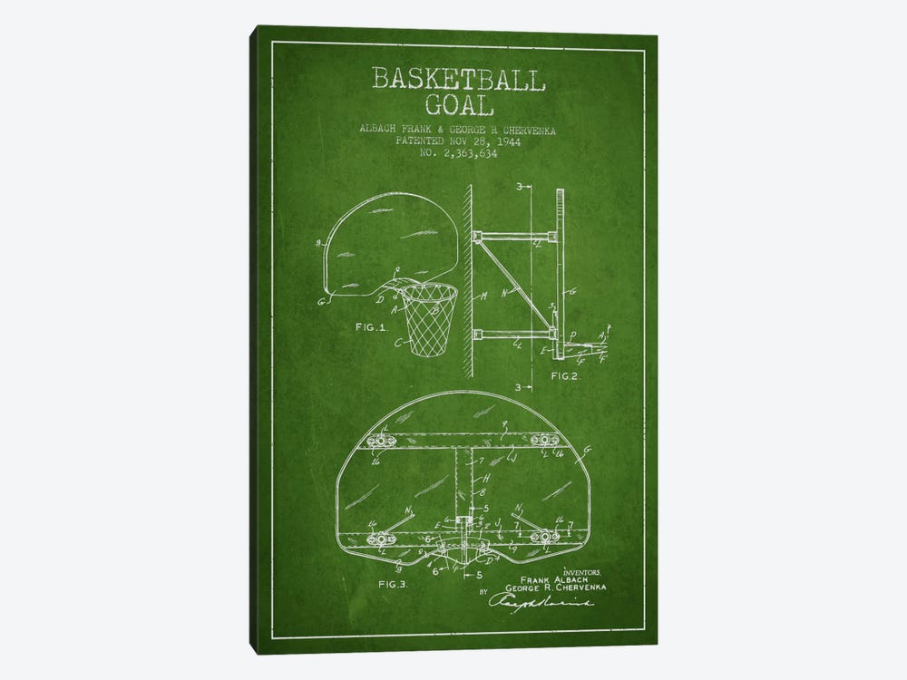 F. Albach & G.R. Chervenka Basketball Goal Patent Blueprint (Green) by Aged Pixel 1-piece Canvas Wall Art