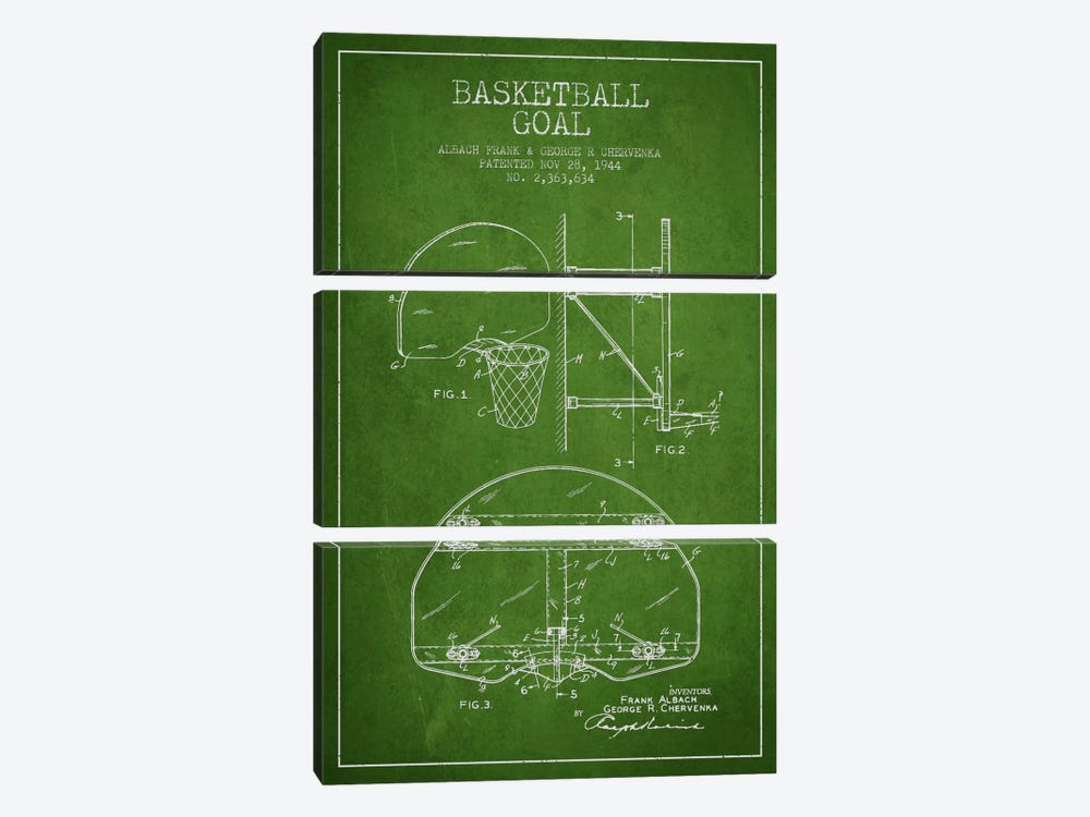 F. Albach & G.R. Chervenka Basketball Goal Patent Blueprint (Green) by Aged Pixel 3-piece Canvas Wall Art