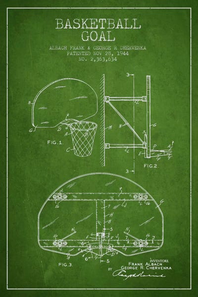 Sports Blueprints: F. Albach & G.R. Chervenka Basketball Goal Patent Blueprint (Green) by Aged Pixel