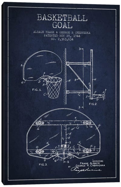 F. Albach & G.R. Chervenka Basketball Goal Patent Blueprint (Navy Blue) Canvas Art Print - Sports Blueprints