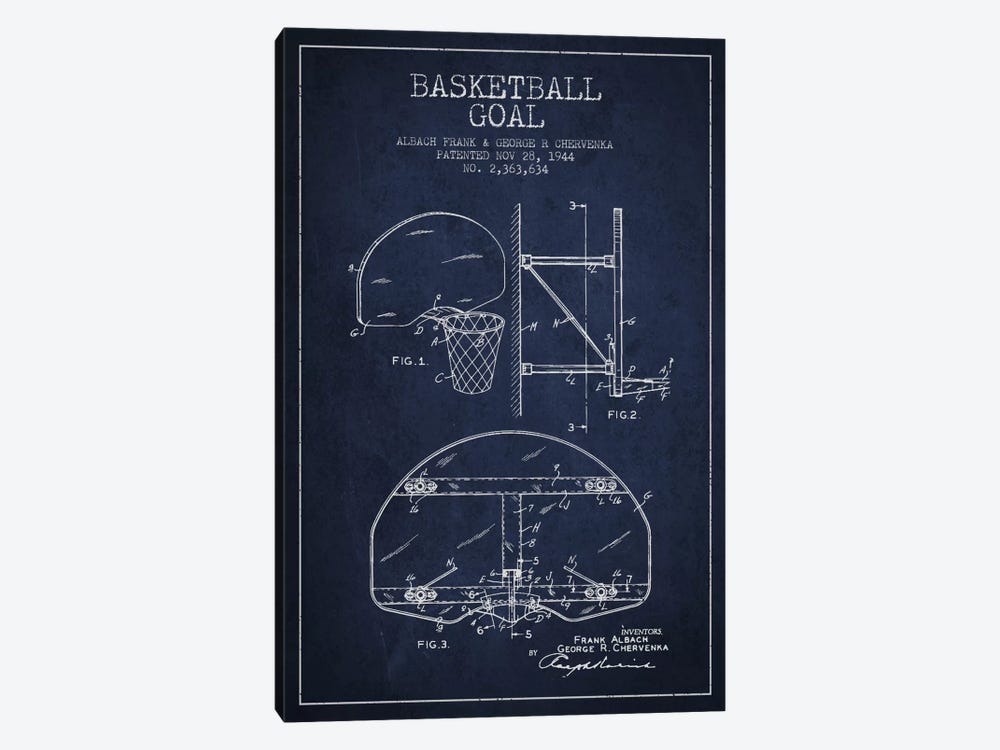 F. Albach & G.R. Chervenka Basketball Goal Patent Blueprint (Navy Blue) by Aged Pixel 1-piece Canvas Print