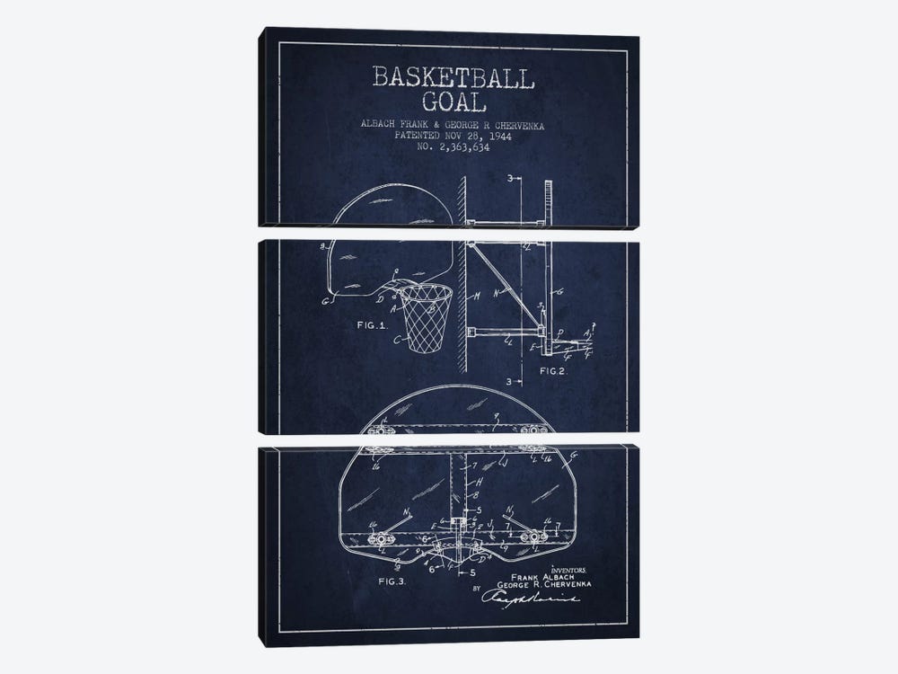 F. Albach & G.R. Chervenka Basketball Goal Patent Blueprint (Navy Blue) by Aged Pixel 3-piece Canvas Art Print
