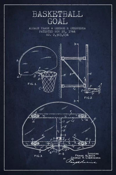 Kids Sports Art: F. Albach & G.R. Chervenka Basketball Goal Patent Blueprint (Navy Blue) by Aged Pixel