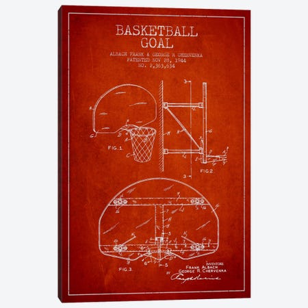 F. Albach & G.R. Chervenka Basketball Goal Patent Blueprint (Red) Canvas Print #ADP2093} by Aged Pixel Canvas Print