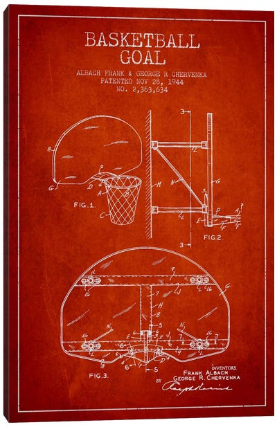 F. Albach & G.R. Chervenka Basketball Goal Patent Blueprint (Red) Canvas Art Print - Aged Pixel: Sports