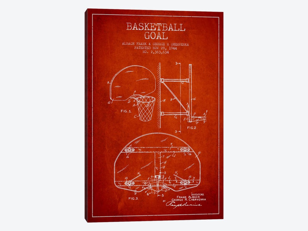 F. Albach & G.R. Chervenka Basketball Goal Patent Blueprint (Red) by Aged Pixel 1-piece Canvas Artwork