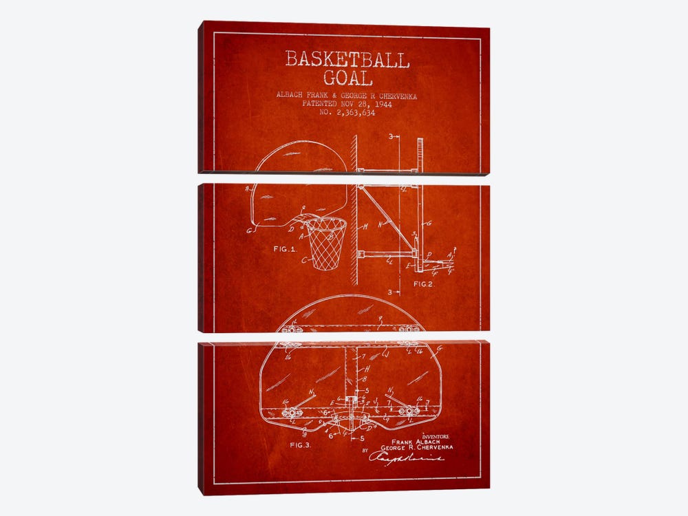 F. Albach & G.R. Chervenka Basketball Goal Patent Blueprint (Red) by Aged Pixel 3-piece Canvas Artwork