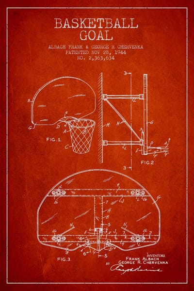 Sports Blueprints: F. Albach & G.R. Chervenka Basketball Goal Patent Blueprint (Red) by Aged Pixel