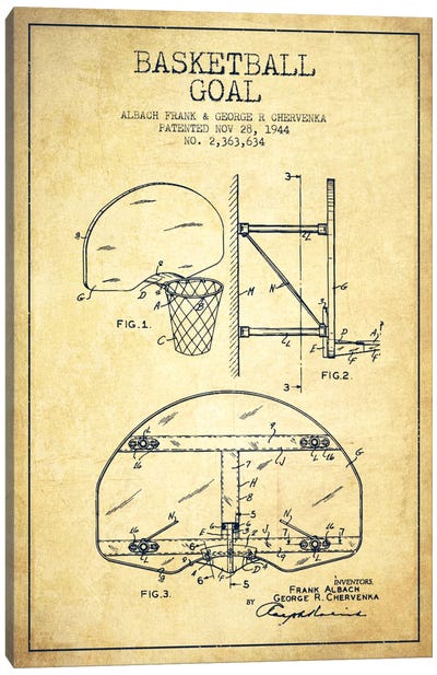 F. Albach & G.R. Chervenka Basketball Goal Patent Blueprint (Vintage) Canvas Art Print - Aged Pixel: Sports