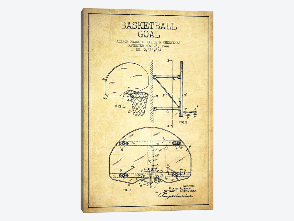 F. Albach & G.R. Chervenka Basketball Goal Patent Blueprint (Vintage) by Aged Pixel 1-piece Art Print