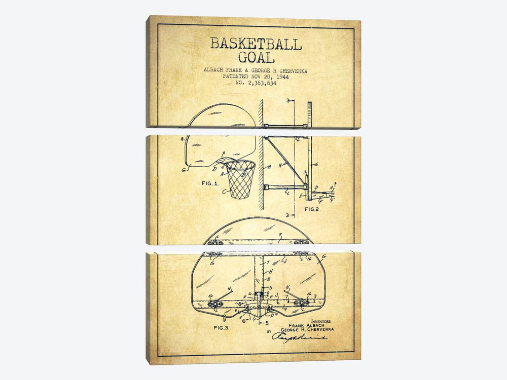 F. Albach & G.R. Chervenka Basketball Goal Patent Blueprint (Vintage) by Aged Pixel 3-piece Canvas Art Print