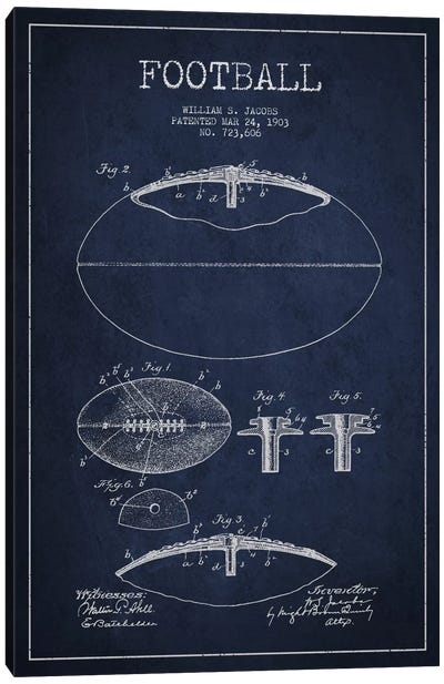 Football All Navy Blue Patent Blueprint Canvas Art Print - Sports Blueprints