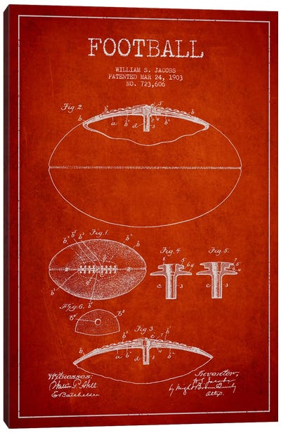 Football Red Patent Blueprint Canvas Art Print - Football Art
