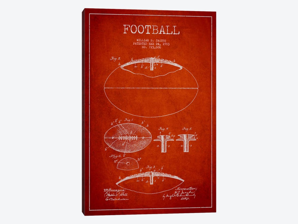 Football Red Patent Blueprint by Aged Pixel 1-piece Canvas Art Print