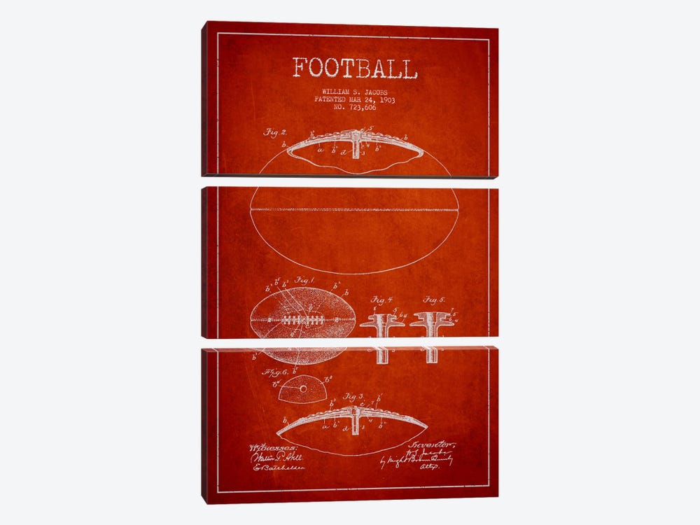 Football Red Patent Blueprint by Aged Pixel 3-piece Canvas Art Print