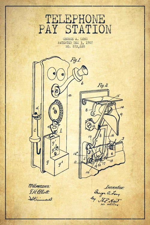 Long Telephone Vintage Patent Blueprint by Aged Pixel wall art