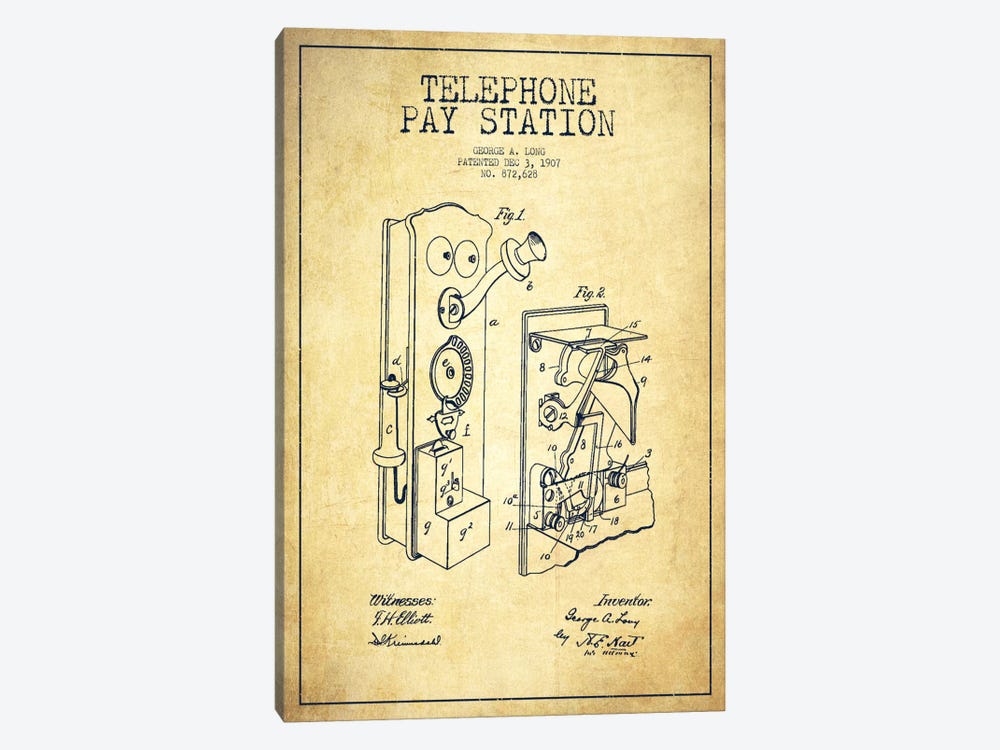 Long Telephone Vintage Patent Blueprint by Aged Pixel 1-piece Canvas Art Print